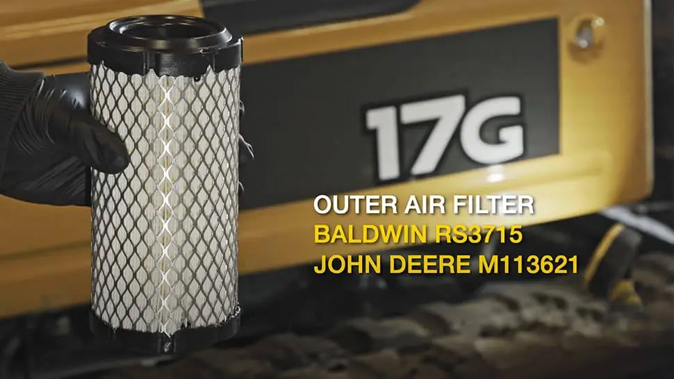 Outer engine air filter for a John Deere 17G Mini Excavator. OEM number: M113621.
