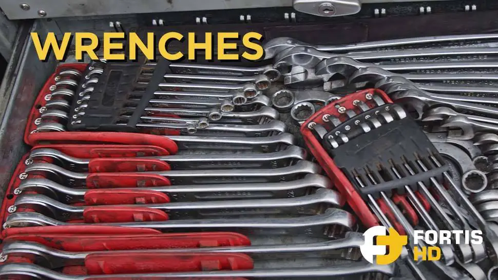 A service truck tool drawer full of combination wrenches.