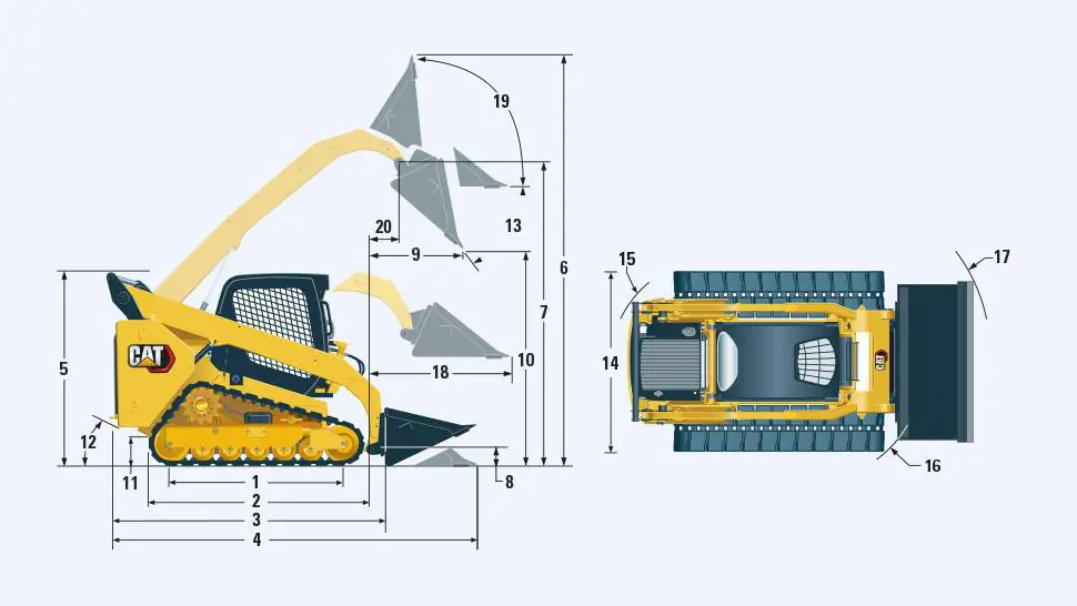 Dimensions diagram of the Cat 259D3 compact track loader.
