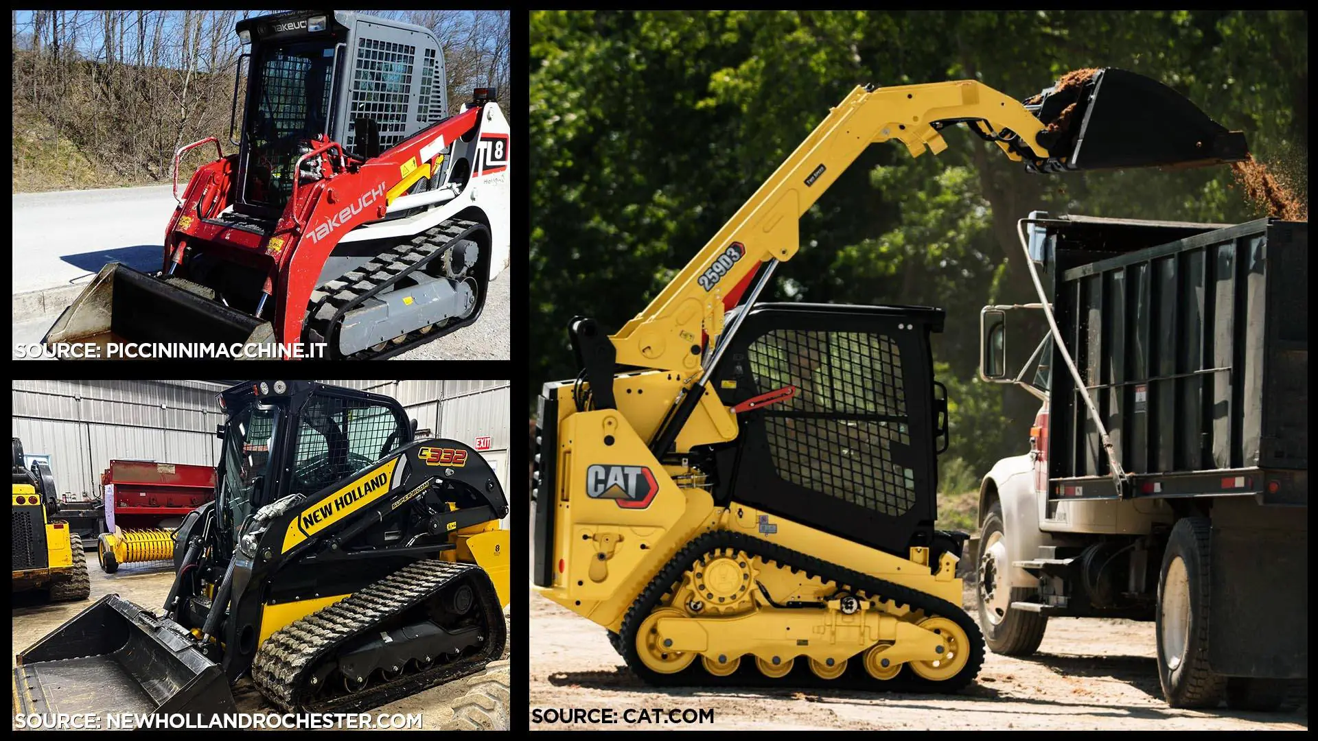 Comparison between the Cat 259D3, the Takeuchi TL8, and the New Holland C332.
