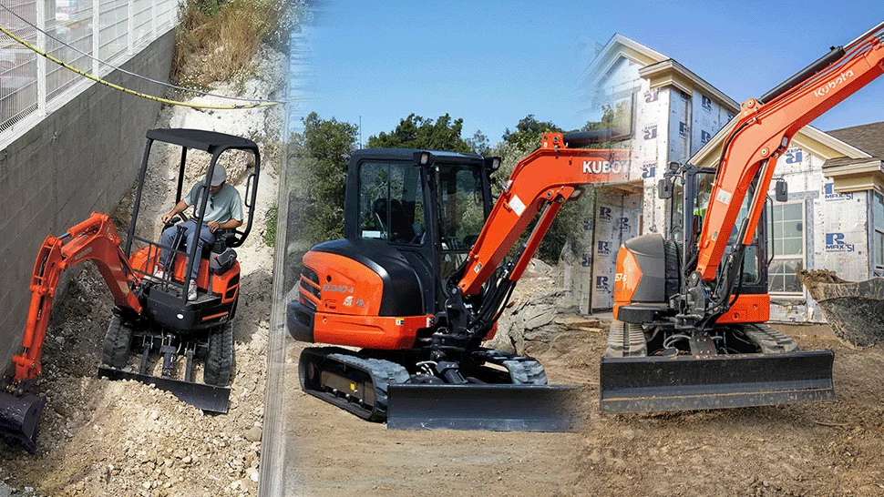 The Kubota UL17, KX040, and KX057 mini excavators side-by-side.